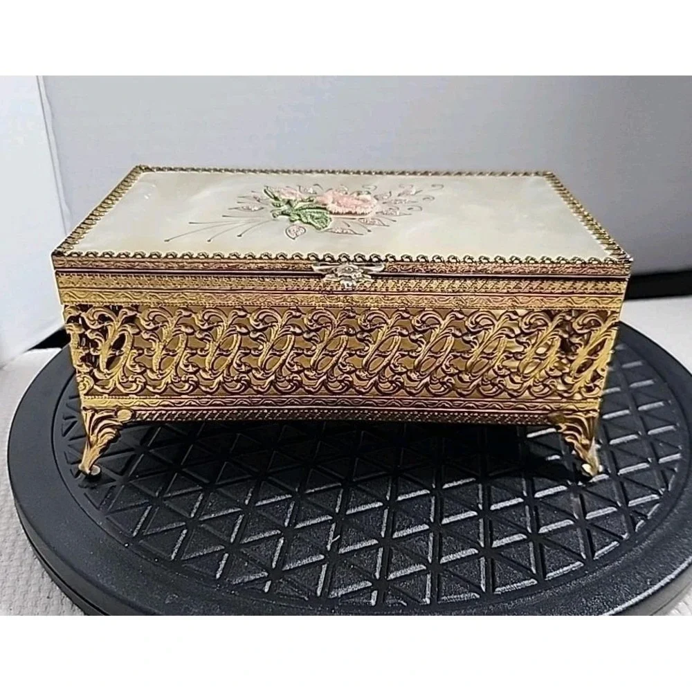 Vintage Art Nouveau Pearl Top Floral Jewelry Trinket Casket Box Filigree